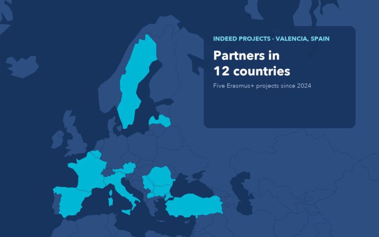 Map of Europe with the 12 countries where INDEED Projects has Erasmus+ partners highlighted
