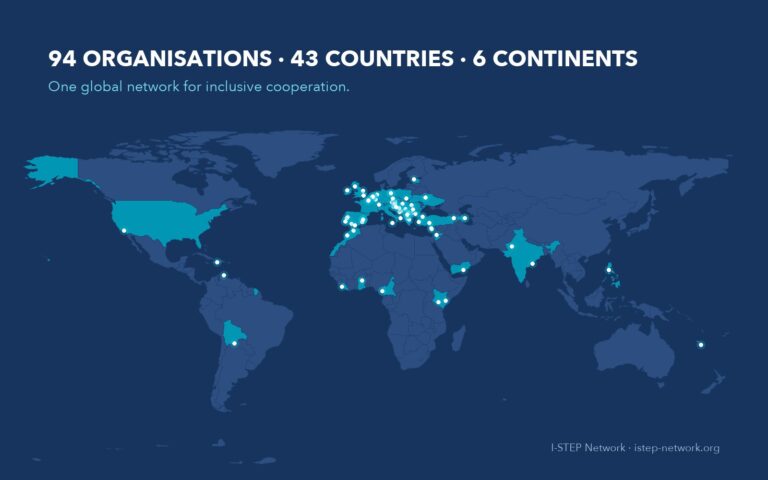 World map showing I-STEP members in 43 countries: 94 organisations, 43 countries, 6 continents