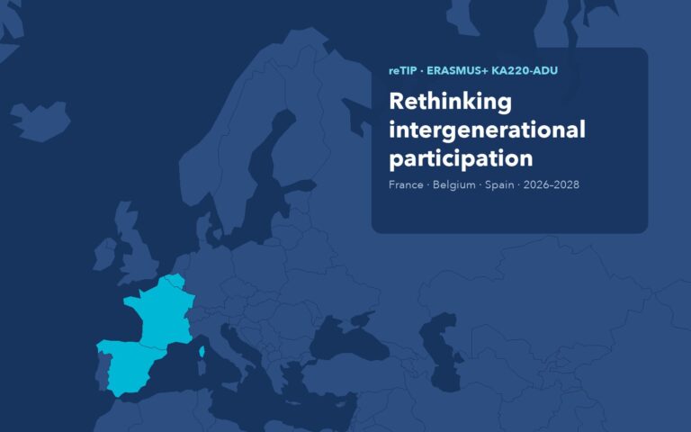 Map of Europe with France, Belgium and Spain highlighted: reTIP, rethinking intergenerational participation