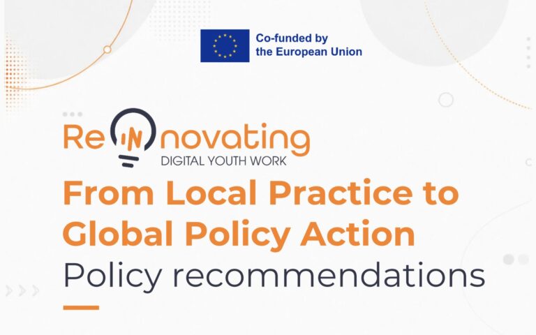 Cover of the policy paper From Local Practice to Global Policy Action, policy recommendations of the Re(In)novating Digital Youth Work project