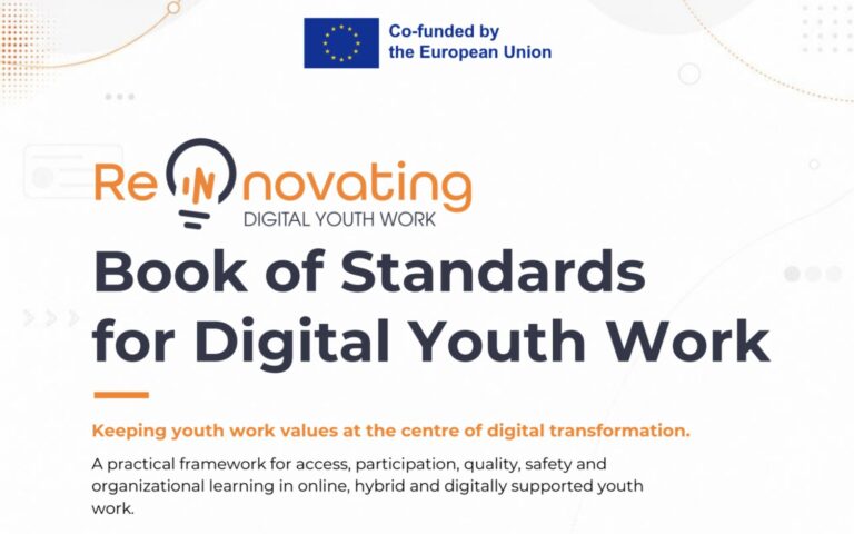 Cover of the Book of Standards for Digital Youth Work of the Re(In)novating Digital Youth Work project, co-funded by the European Union