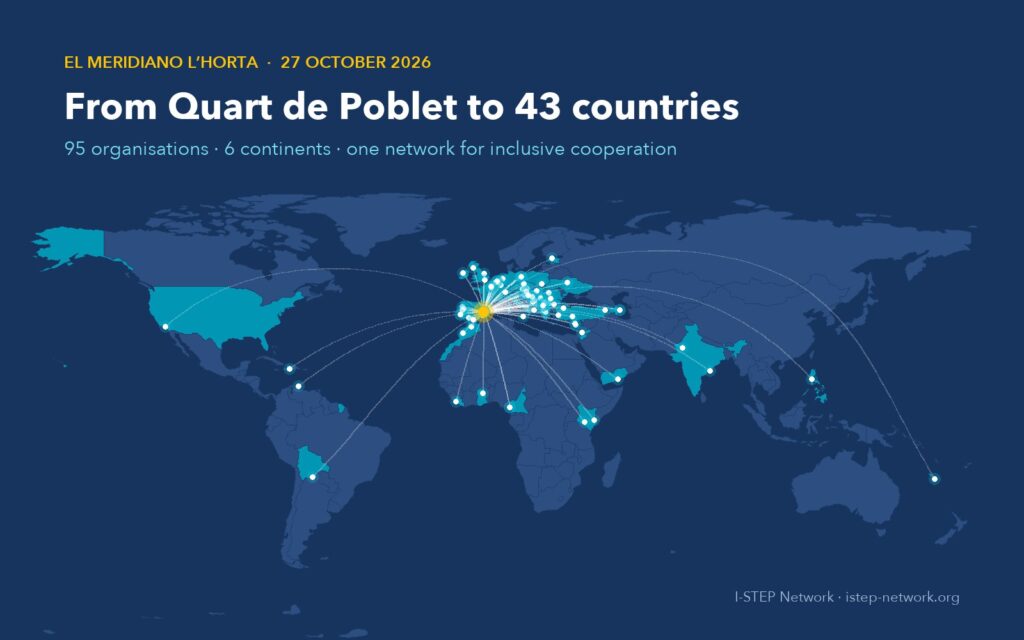 World map with lines from Quart de Poblet (Valencia) to the 95 I-STEP member organisations in 43 countries