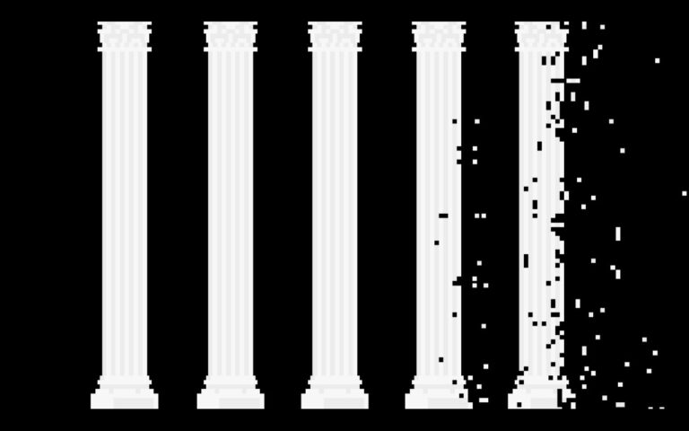 Five white classical columns on a black background, the last one dissolving into pixels